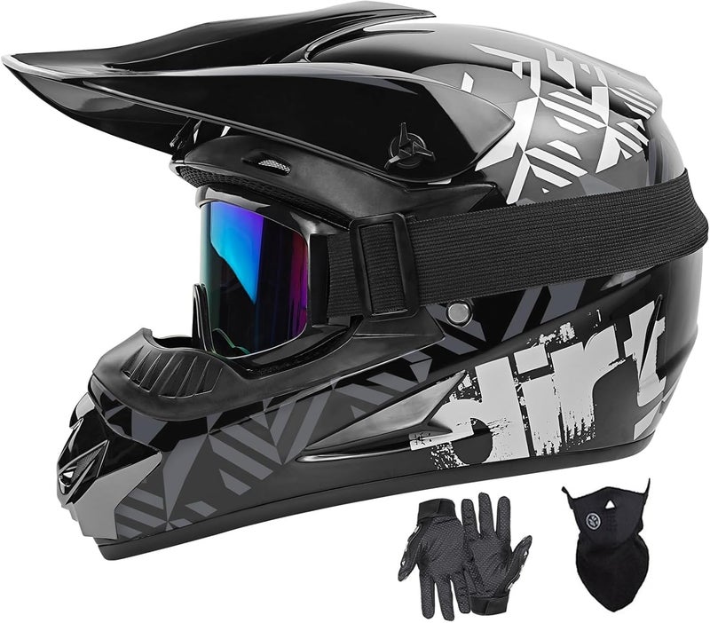 Spark DOT Youth Motocross Helmet Kids Dirt Bike Helmets - Full Face, Lightweight & Breathable for Off-Road E-Bike BMX MX ATV (with Gloves Goggles Mask) 4Pcs Set, Small(55-56), Grey - Image 2